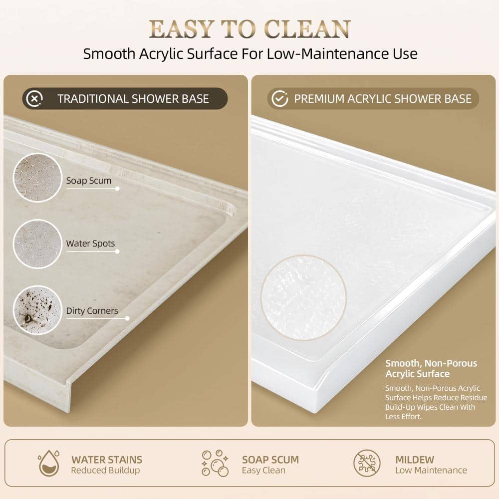NTQ 34 in. 34 in. Acrylic Single Threshold Alcove Floor Rectangular Shower Pan Base with Drain (3)