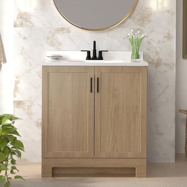Glacier Bay Oakley 31 in. Single Sink Beige Oak Freestanding Bath Vanity with White Cultured Marble Top (Assembled)
