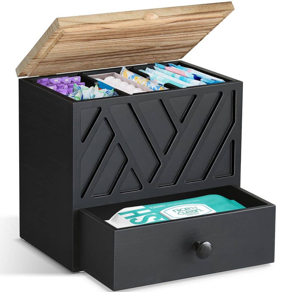 Numhew 1-Pack Wooden Tampon Holder with Lid, 3 Compartments, Detachable Partitions, Bathroom Feminine Product Organizer, Black