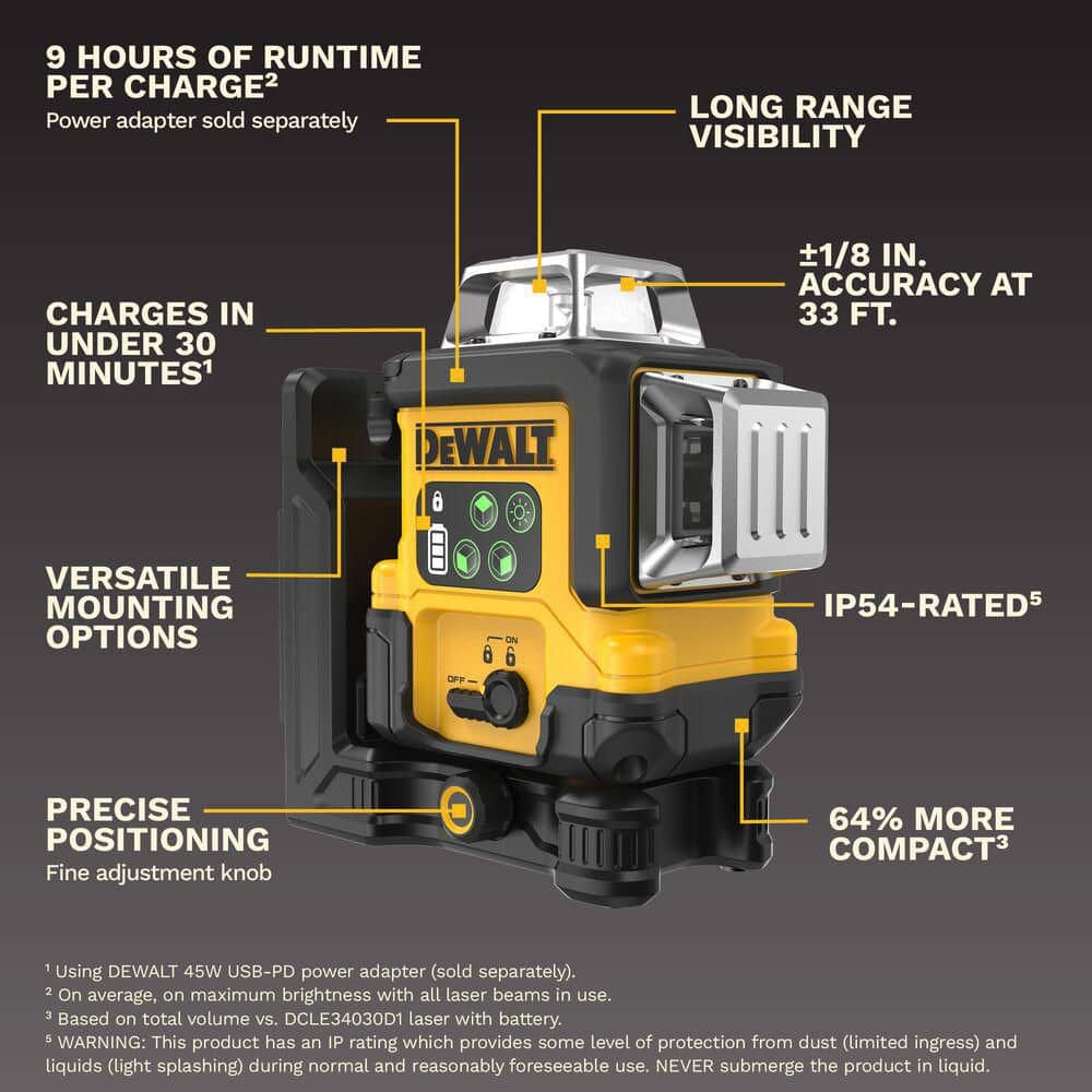 DEWALT 150 ft. Green 3-Plane Laser Level with USB Charging Cable (2)