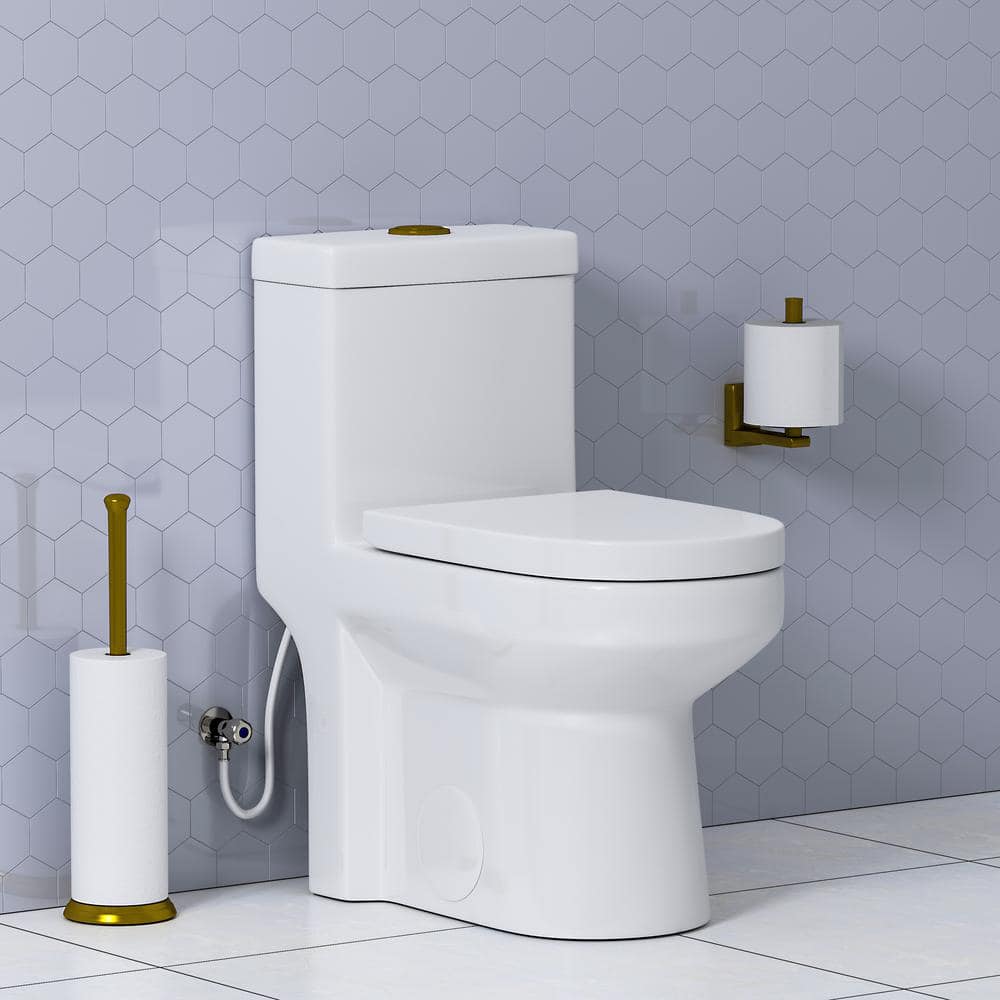 HOROW 1-piece 0.8/1.28 GPF High Efficiency Dual Flush Round Toilet in White with Seat Included and Brushed Gold Button (3)
