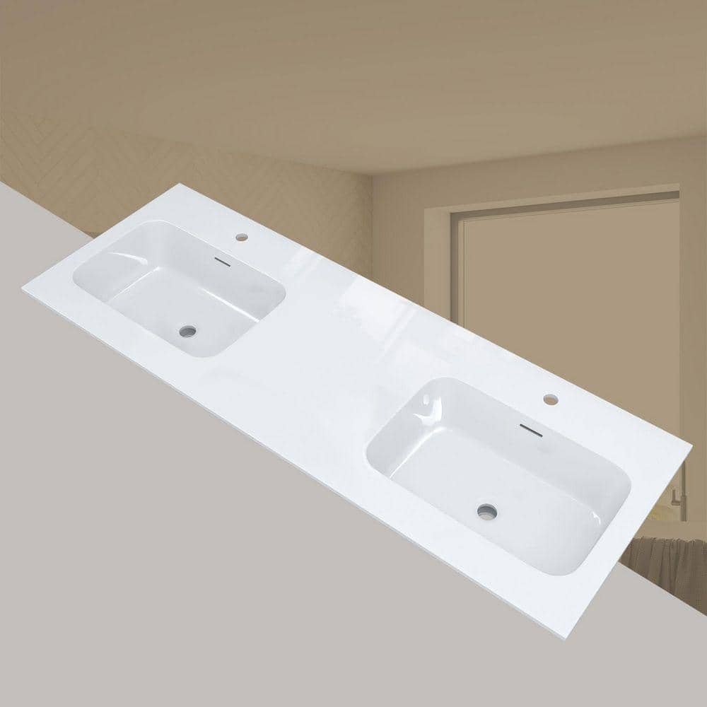NTQ 60 in. W x 22 in. D Rectangular Double Sink Bathroom Vanity Top White Solid Surface Resin Vanity Top in Glossy White (3)