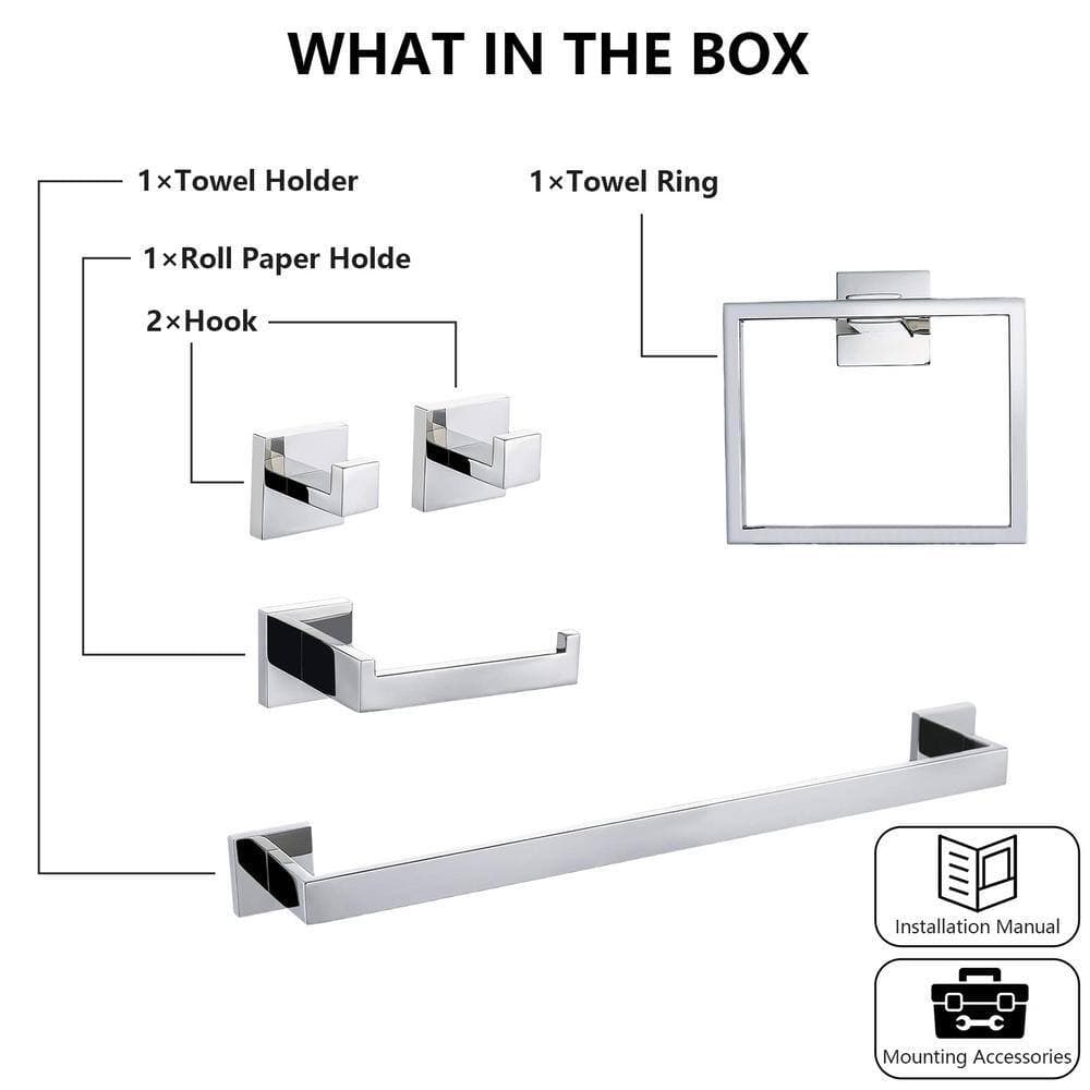 ehablix 5-Pieces Bathroom Hardware Set with Towel Bar, Towel Ring, Robe Hook, Toilet Paper Holder in Chrome (3)