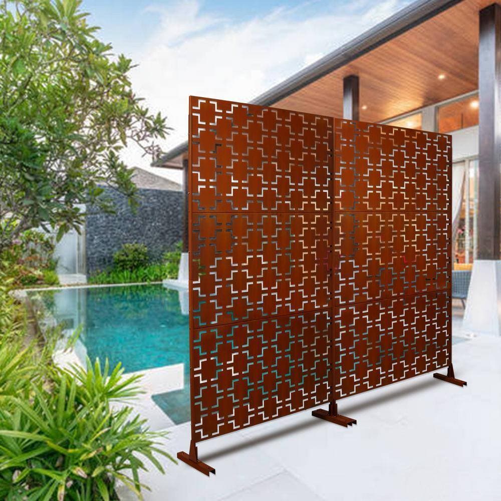 Zeus & Ruta 6.3 ft. H x 4 ft. W Rust Red Metal Privacy Screen Freestanding Decorative Privacy Screen (3 Panels) (2)