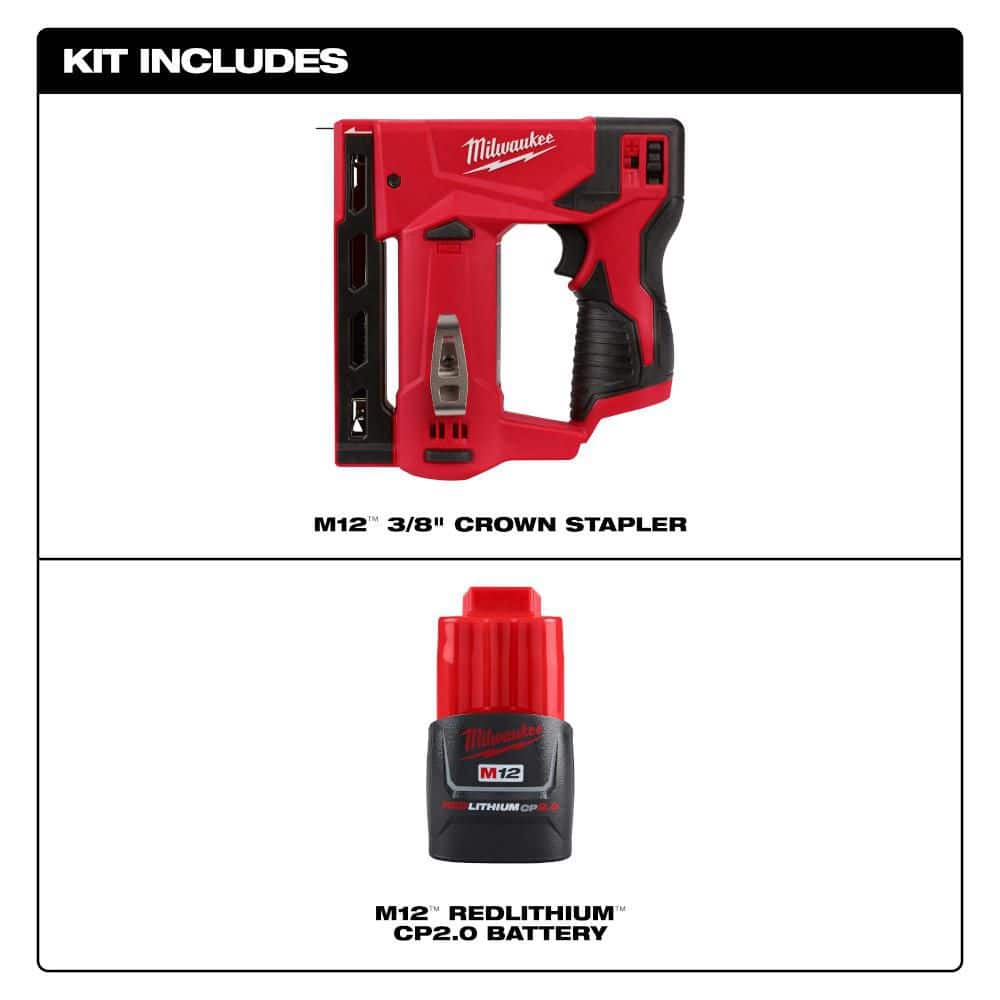 Milwaukee M12 12-Volt Lithium-Ion Cordless 3/8 in. Crown Stapler with M12 2.0Ah Battery (2)