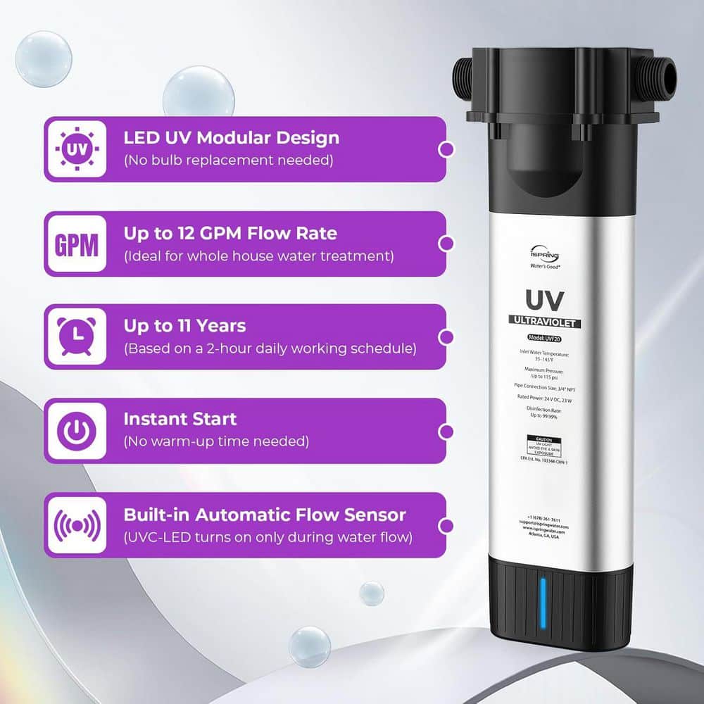 ISPRING Whole House LED UV Water Filter System, Up to 12 GPM, Long-Life LED UV Water Filter, Automatic Flow Sensor, Mercury-Free (3)
