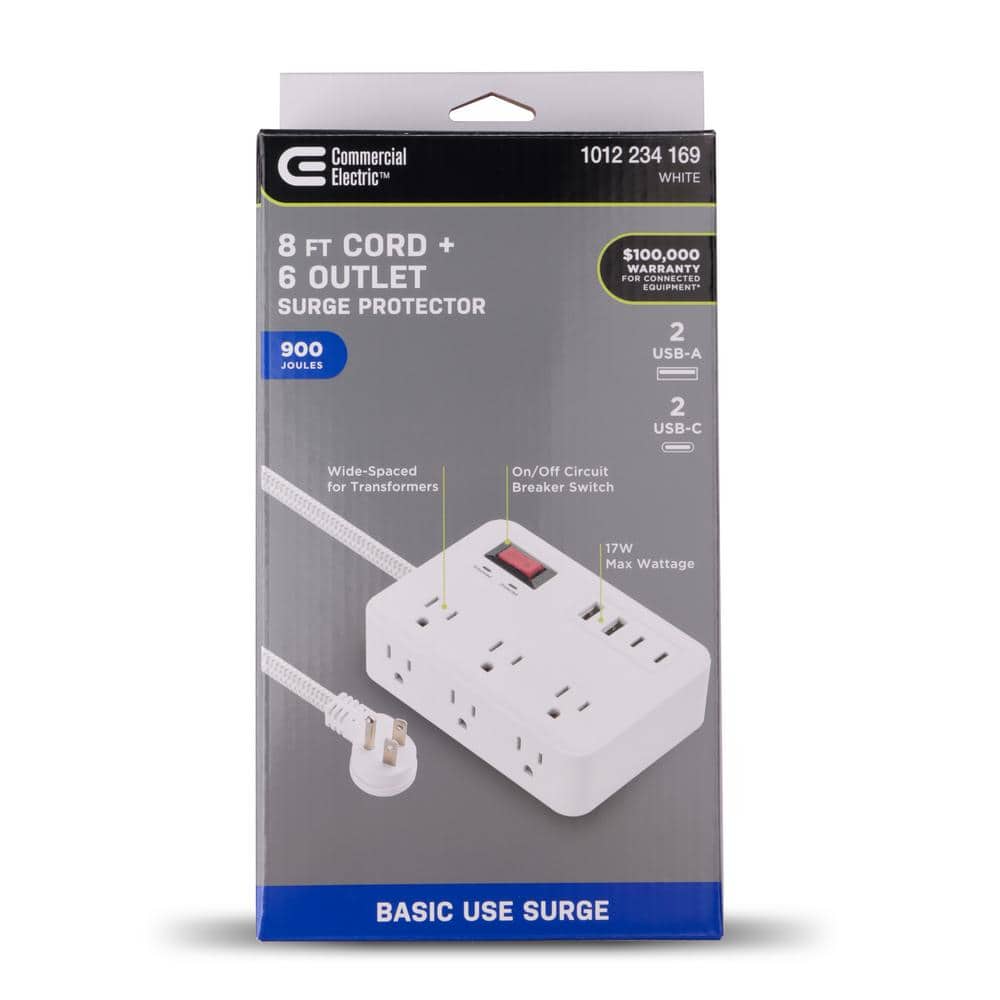 Commercial Electric 8 ft. 6-Outlet Surge Protector with 2 USB-A and 2 USB-C, White (2)