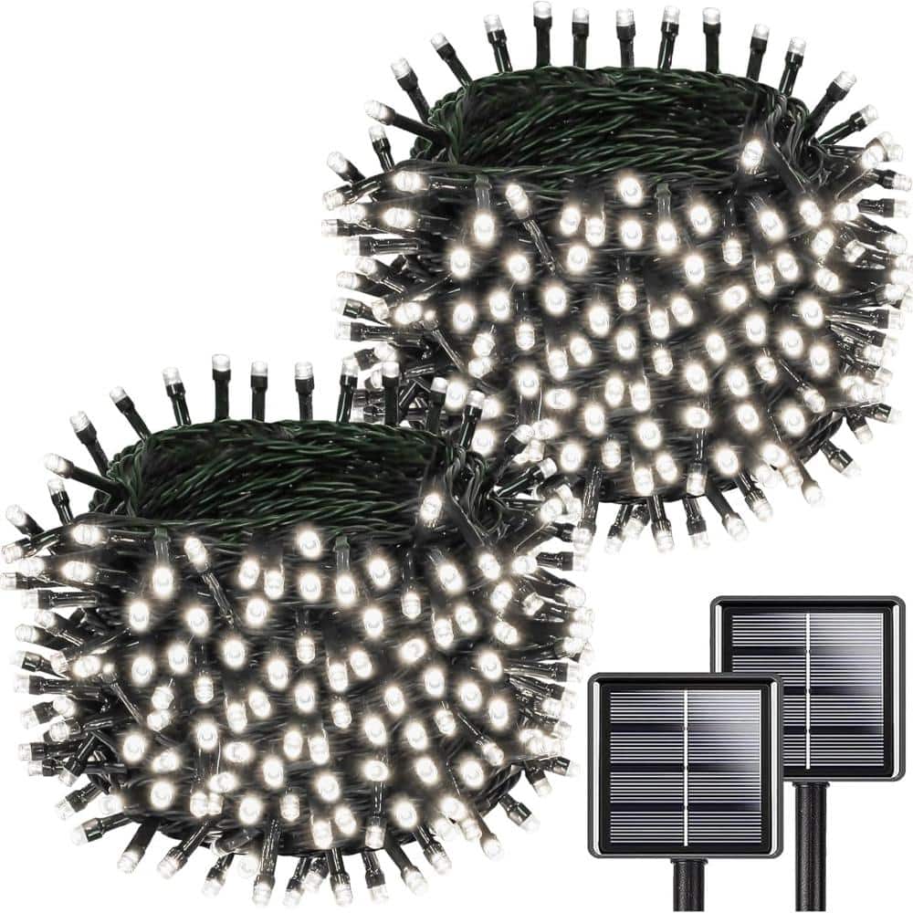 Unbranded 2 Pack 200 LED Solar String Lights 66 Ft Outdoor Waterproof Auto On Off 8 Modes Cool White Green Wire
