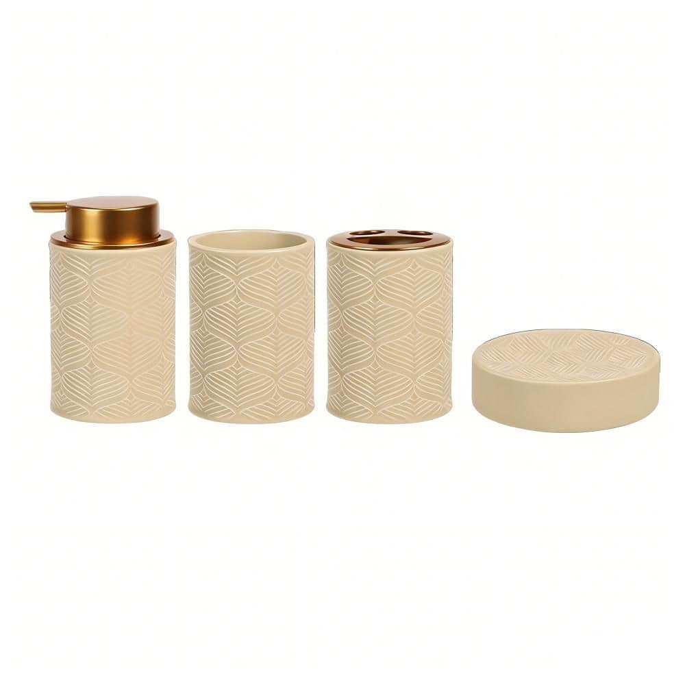 Wudkey 4-Pack Classic Textured Countertop Bathroom Accessory Set with Rust-Proof Pump in Beige, Modern Bathroom Decor Organizer