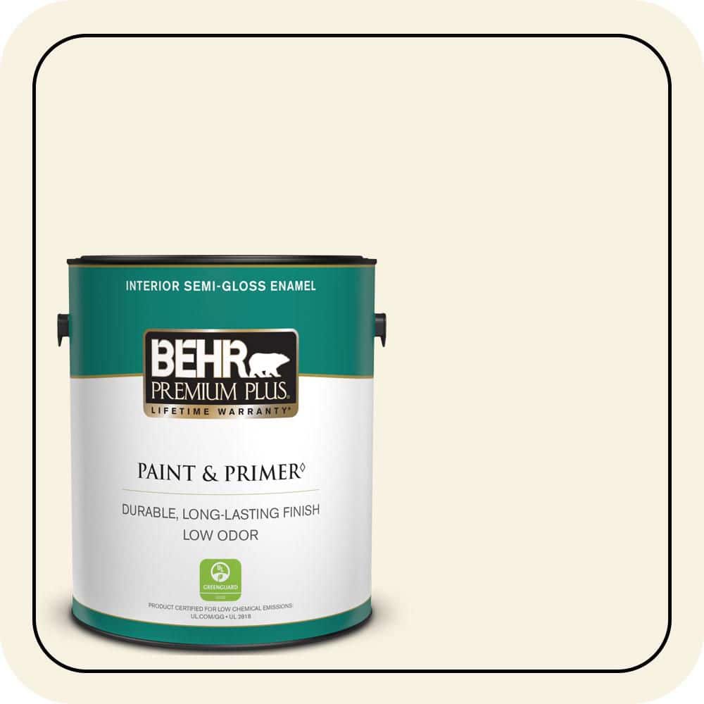 BEHR PREMIUM PLUS 1 gal. #W-F-100 Belgian Cream Semi-Gloss Enamel Low Odor Interior Paint & Primer