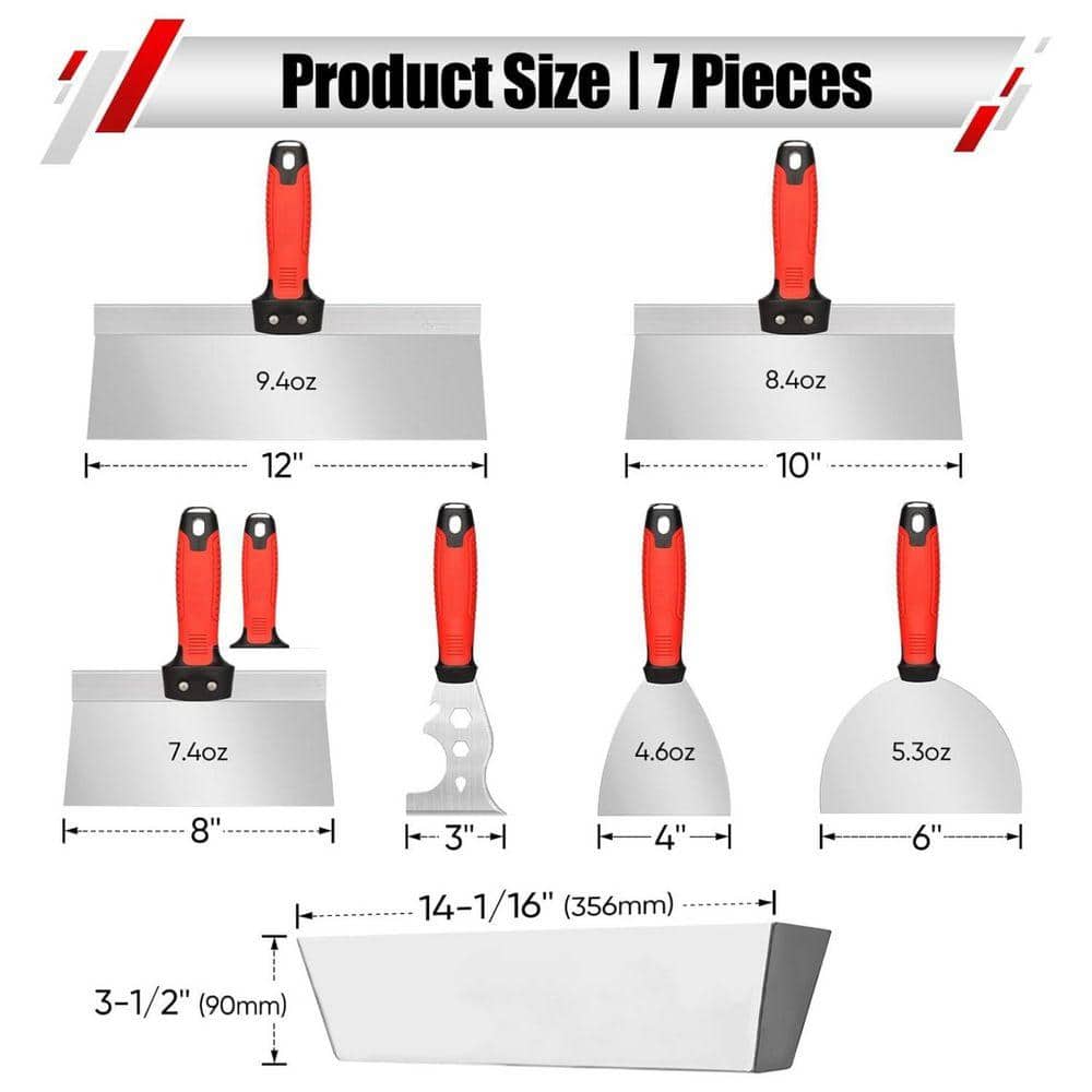KIWDZFU 12 in. 7-Piece Stainless Steel Drywall Tool Kit Multi-Size Joint Taping Knives Putty Knife Mud Pan & Comfortable Handle (2)