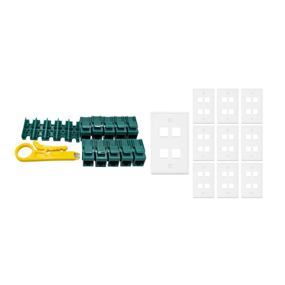 Micro Connectors, Inc 10-Pack 1-Gang White Keystone Plastic Wall Plates 4-Port and 10 Cat 6 RJ45 Keystone Jacks Green (1)