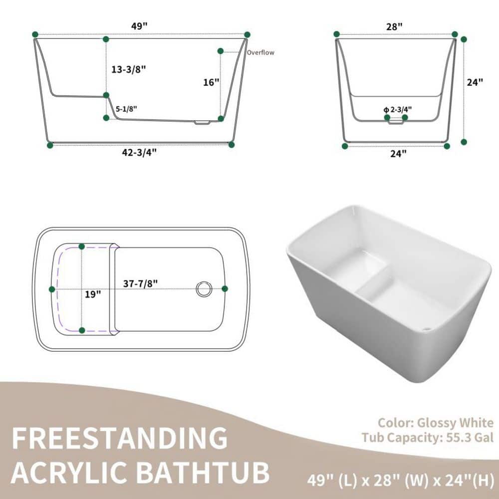 WELLFOR 49 in. x 28 in. Acrylic Freestanding Soaking Bathtub in Gloss White, Sit-In Design with Chrome Overflow and Drain (3)