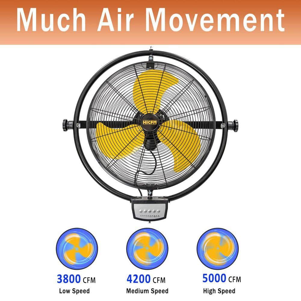 WOCK HICFM 20 in. Yellow 5000 CFM Orbital Remote Wall Mounted Fan, 1/5 HP Motor, Timer, Tilt, Oscillating, 3-Speed, UL Listed (3)