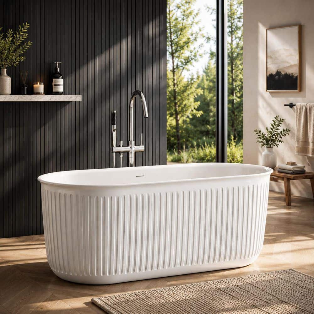 HOROW 59 in. x 28.3 in. Fluted Freestanding Acrylic Soaking Bathtub in White/Polished Chrome with Pleated Edge (1)