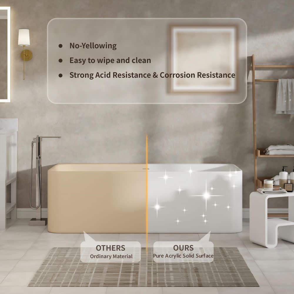 CASAINC 31.5 in. Rectangle Solid Surface Stone Flatbottom Freestanding Soaking Bathtub with Center Drain (4)