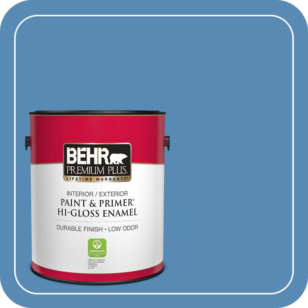 BEHR PREMIUM PLUS 1 gal. #M520-5 Alpha Blue Hi-Gloss Enamel Interior/Exterior Paint & Primer