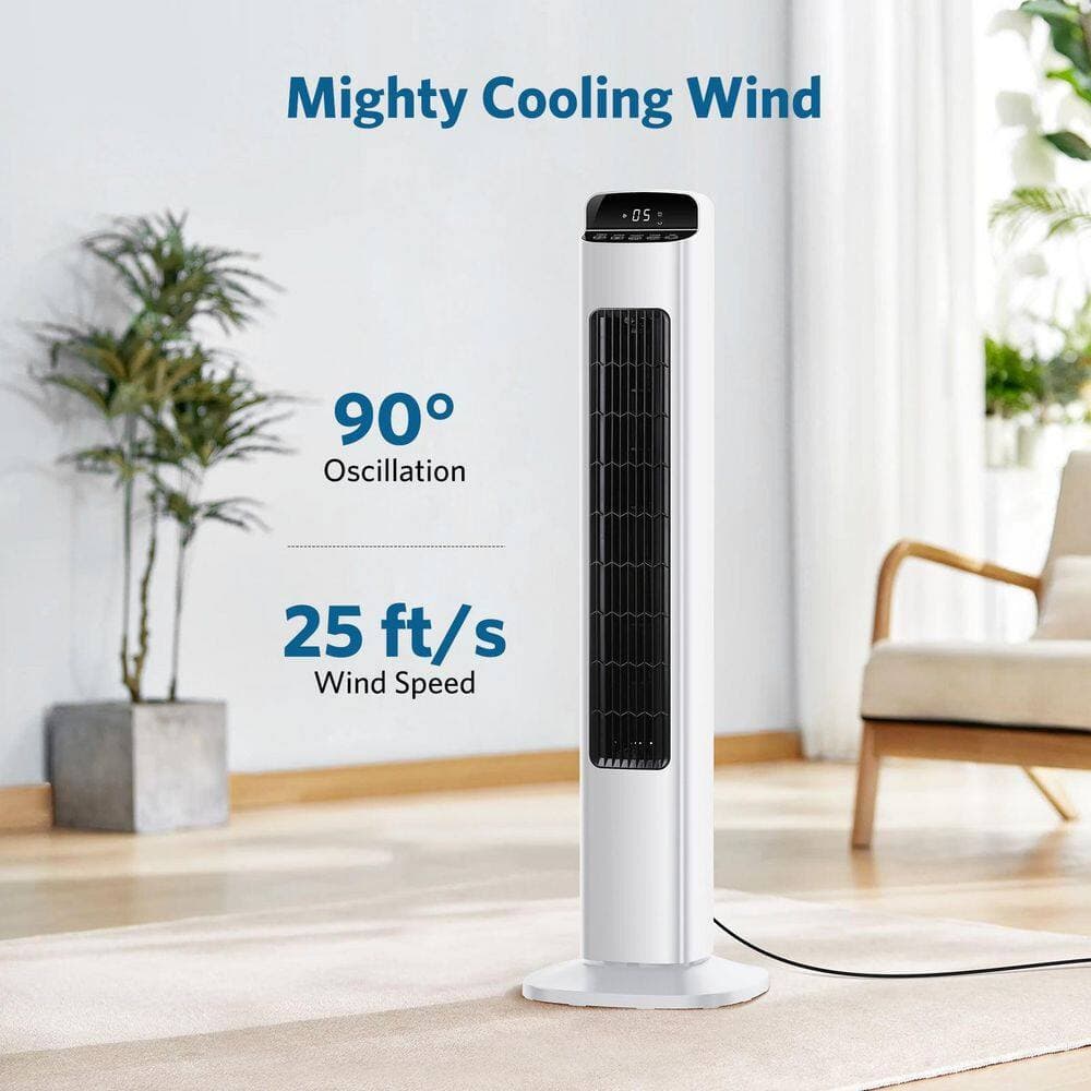 COWSAR 35.83 in. 5-Speed 80° Oscillating Tower Fan with 3 Modes, 12 H Timer, Remote, LED Display in White (2)