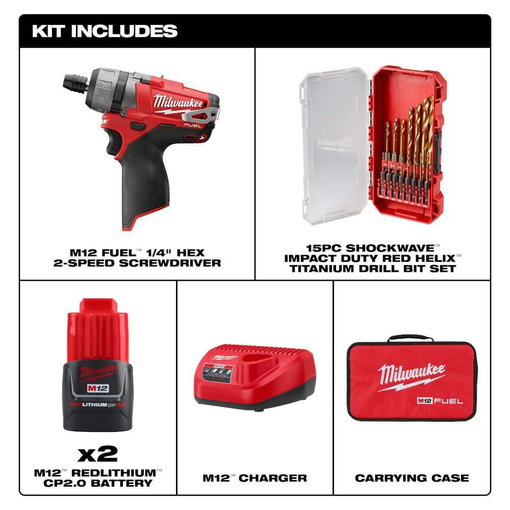 Milwaukee M12 FUEL 12V 1/4 in. Hex 2-Speed Screwdriver Kit w/ (2) 2. 0Ah Batteries, Case with 15-Pc Titanium Set (2)