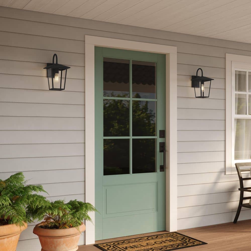 Hampton Bay Rosebrook 16 in. 1-Light Black Outdoor Hardwired Wall Lantern Sconce with Clear Glass Shade (4)