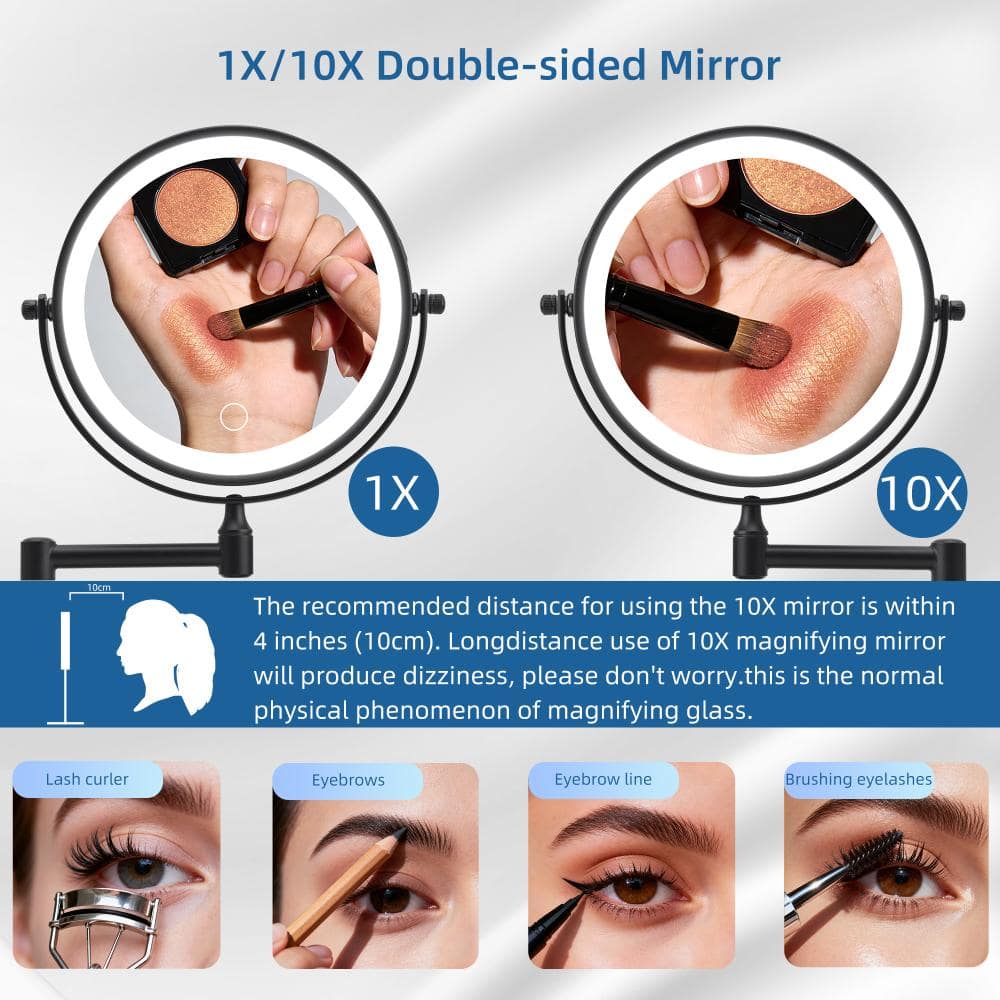 Tileon 8 in. W x 8 in. H Round Lighted Bathroom Wall Makeup Mirror, Touch Dimmable & 360° Rotation & Extended Arm in Black (3)