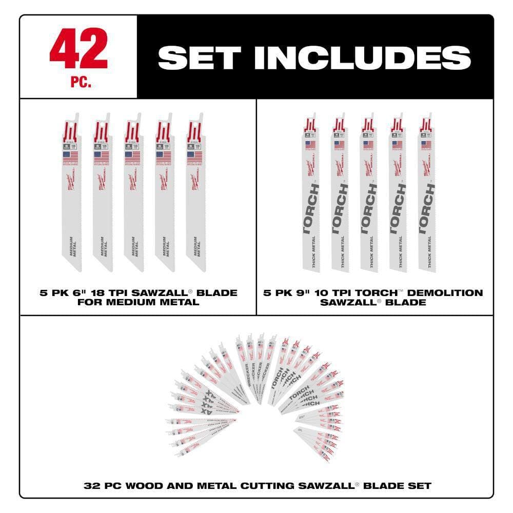 Milwaukee SAWZALL Nail-Embedded Wood&Metal Cutting Bi-Metal Reciprocating Saw Blades (32PC) w 5PK Thick & 5PK Medium Metal Blades (2)