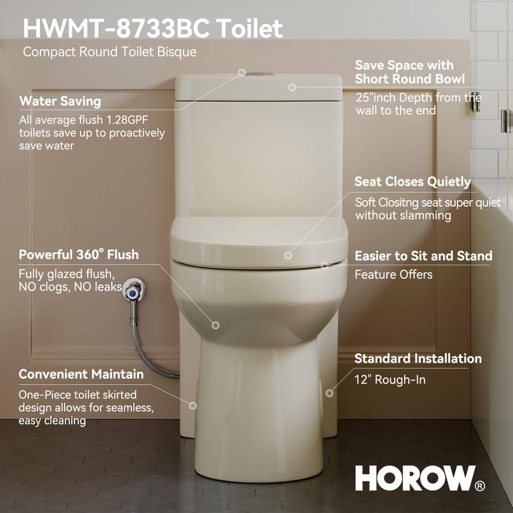 HOROW 1-piece 0.8/1.28 GPF Dual Flush Round Toilet in Biscuit with Quick-Release Seat Included (2)