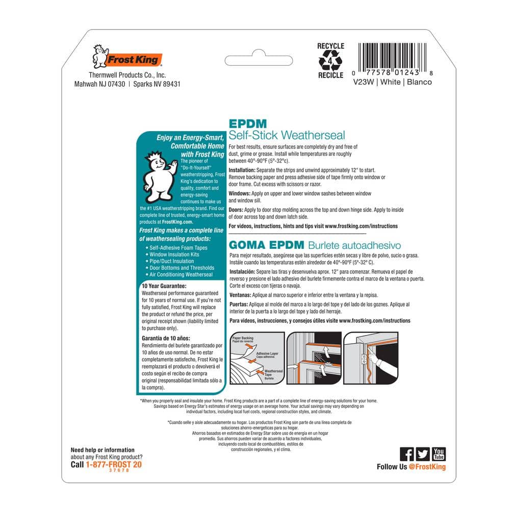 Frost King 3/8 in. x 17 ft. White Ribbed EPDM Cellular Rubber Weather-Seal Tape (3)