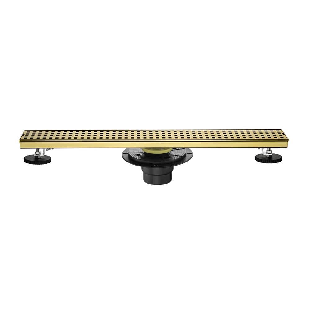 Tahanbath 24in Square Shower Floor Drain with Flange, Pattern Grate Removable, Food-Grade SUS 304 Stainless Steel in Brushed Gold (1)