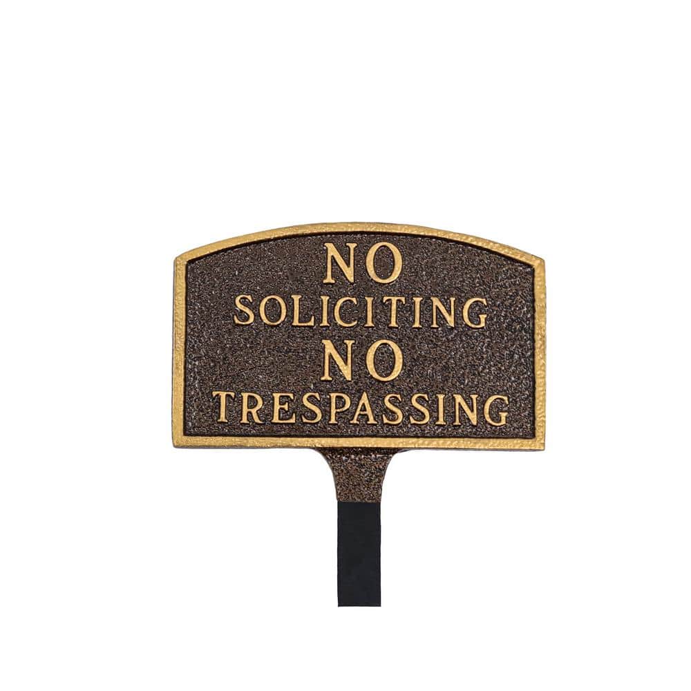Montague Metal Products No Soliciting, No Trespassing Arch Small Statement Plaque with 23 in. Lawn Stake - Hammered Bronze