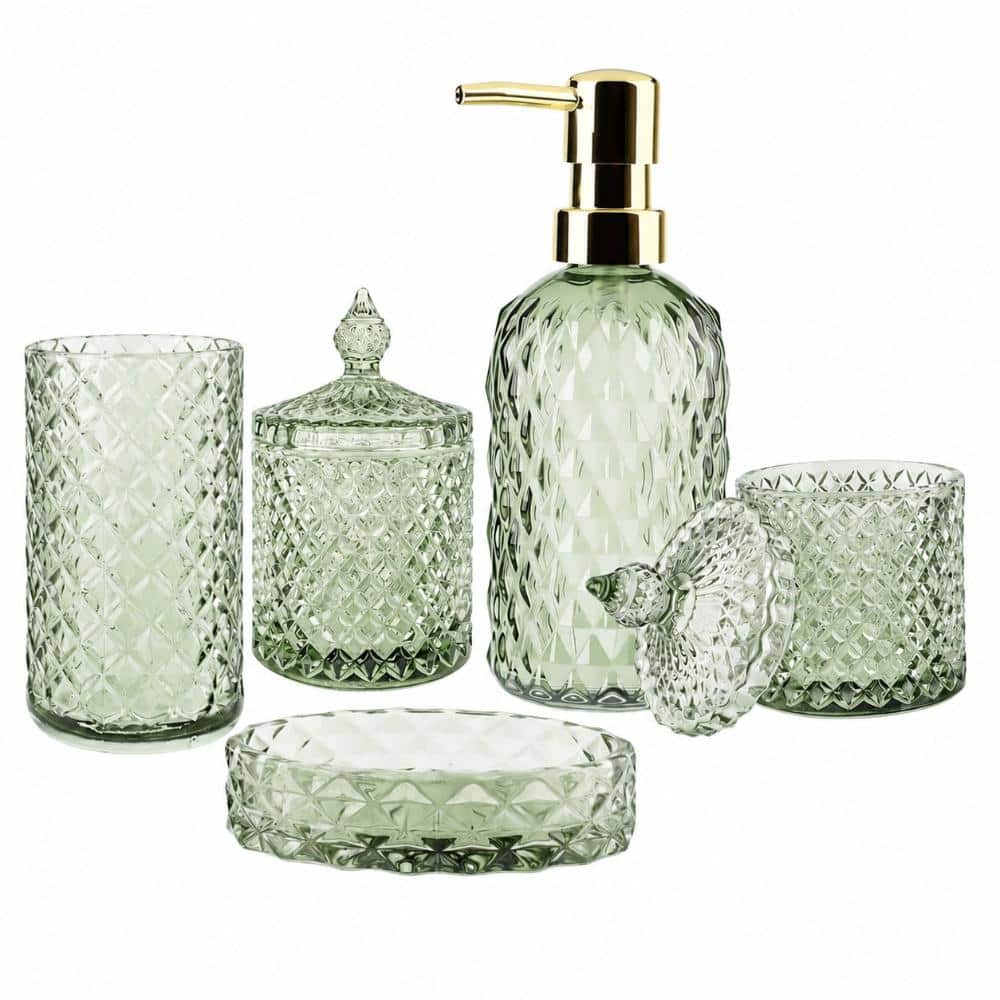 Unbranded 5-Piece Vintage Ribbed Glass Bath Accessory Set with Soap Dispenser, Tumbler and Qtip Holders in Green