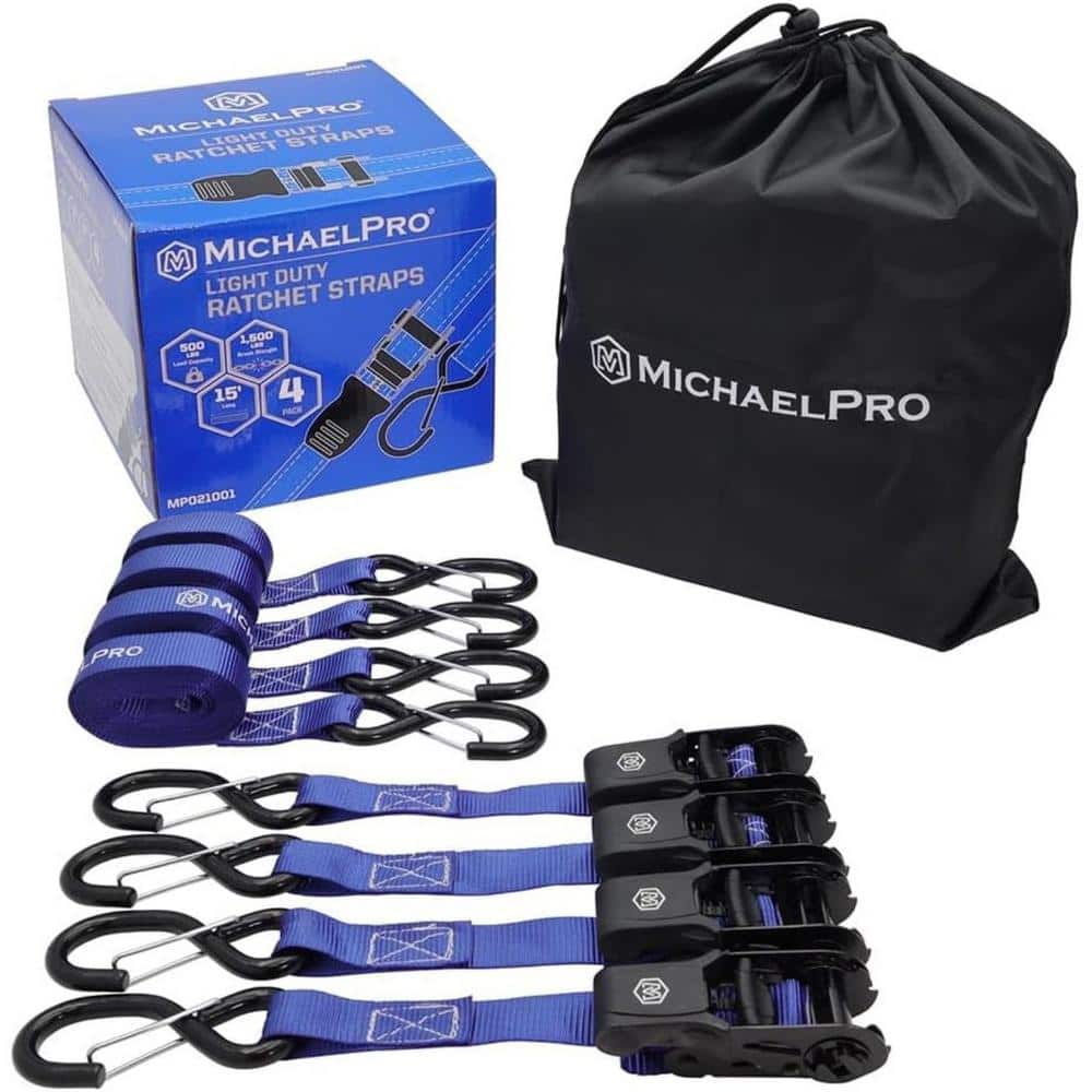 MICHAELPRO 4 Pack 1" x 15' Ratchet Tie Down Straps with S-Hook Safety Latches