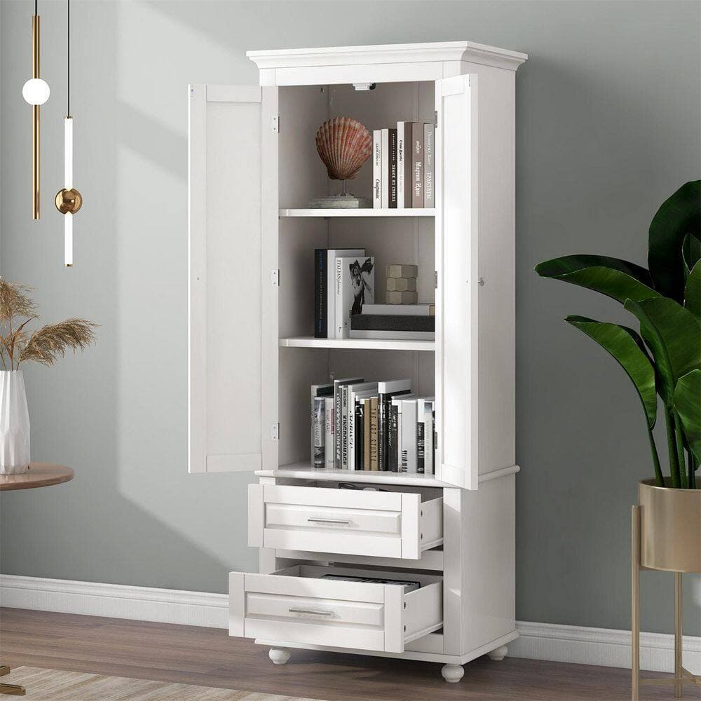 Boyel Living 15.7 in. W x 24 in. D x 62.5 in. H White MDF Linen Cabinet with Adjustable Shelf 2 Drawers, 2 Doors (2)