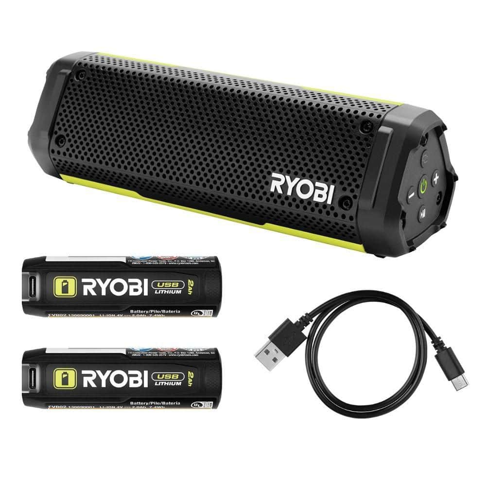 RYOBI USB Lithium Cordless Bluetooth Charging Speaker Kit w/ 2.0 Ah Battery, Charging Cable, & FREE USB Lithium 2.0 Ah Battery