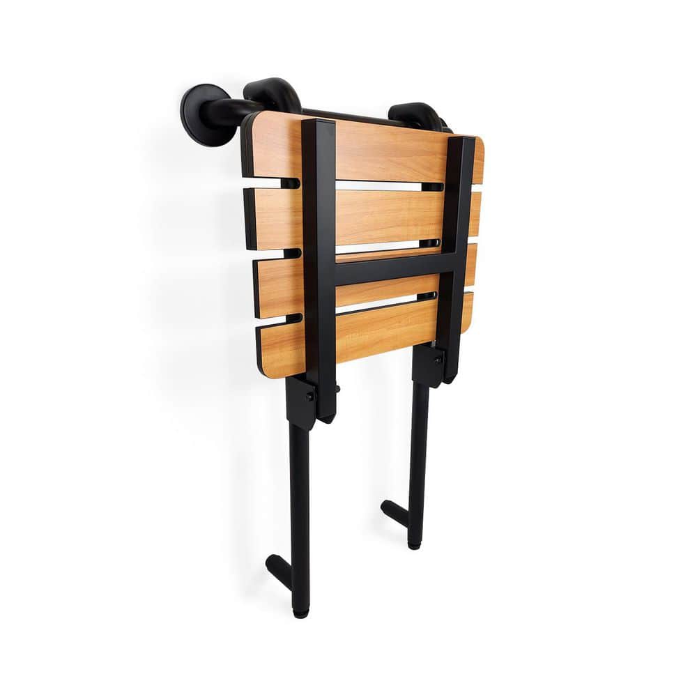 SEACHROME Profile Folding Shower Seat with 18 in. Grab Bar, Teak Phenolic Seat and Matte Black Stainless Steel Frame (2)