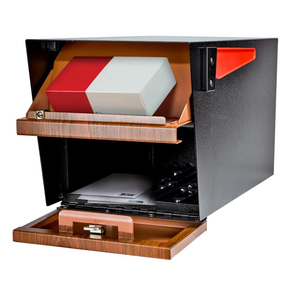 Mail Boss Mail Manager X2 Locking Mailbox Combo Kit with In-Ground Post, Wood Grain & Black, 2 Compartment High Security Cluster (3)