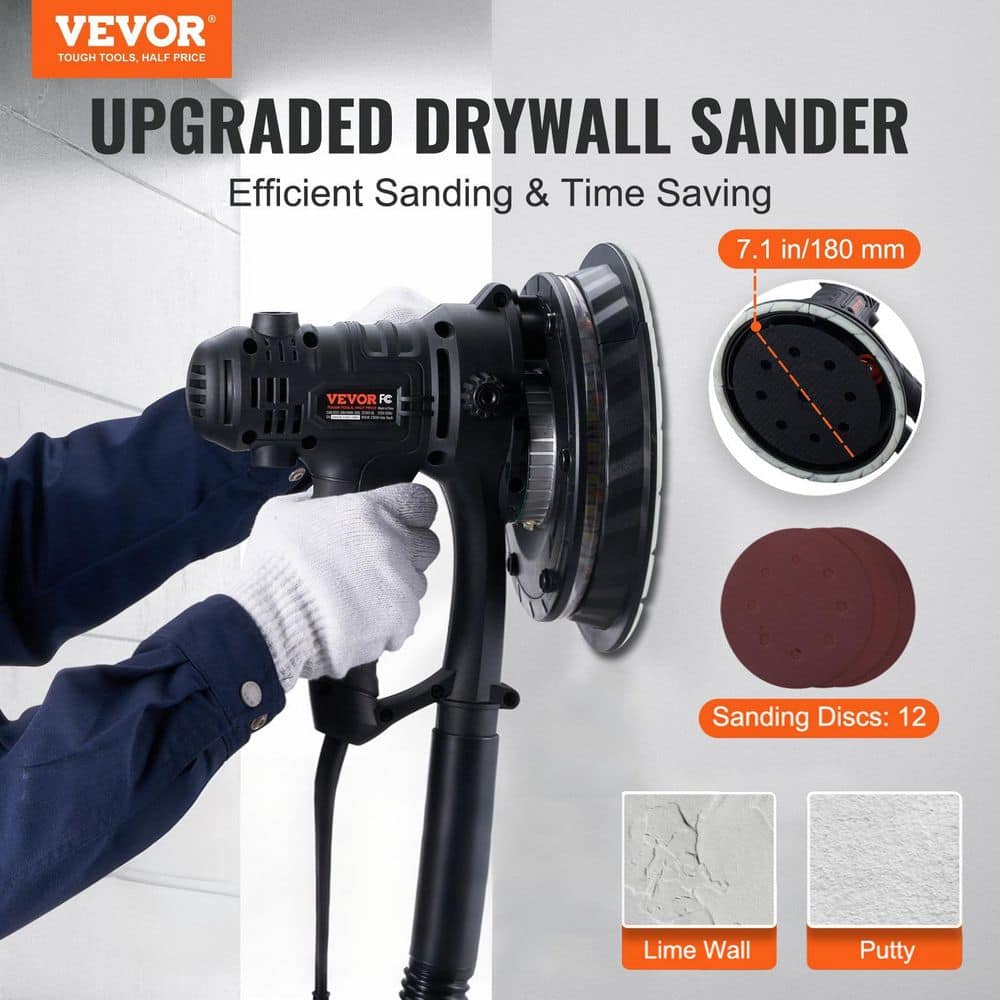 VEVOR Drywall Sander, 800W Electric Sander, 12 Sanding Discs, Variable Speed 1200-2300 RPM Wall Sander, Double LED Lights (2)
