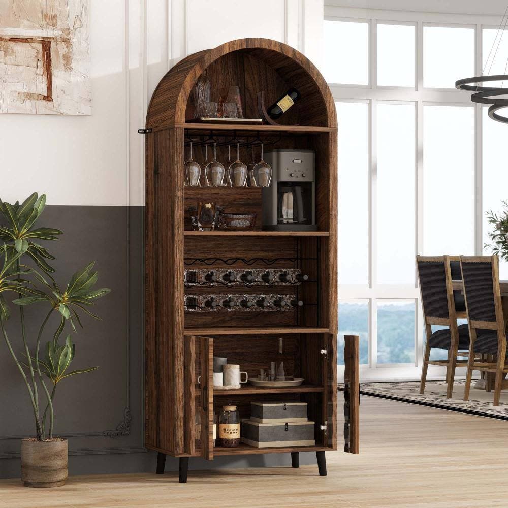 XUJMK 26 in W x 16 in D x 71 in H Linen Cabinet, Pantry Storage Cabinet Arched Bar Cabinet in Brown with Wine Glass Holder (3)