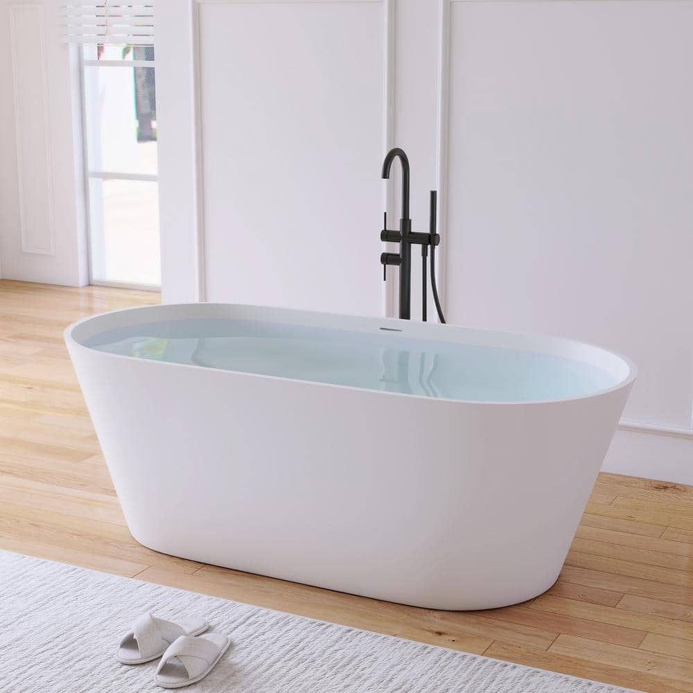 MEDUNJESS 29 in. Terrazzo Stone Solid Surface Flatbottom Freestanding Soaking Bathtub Cream(Outdoor-Compatible)