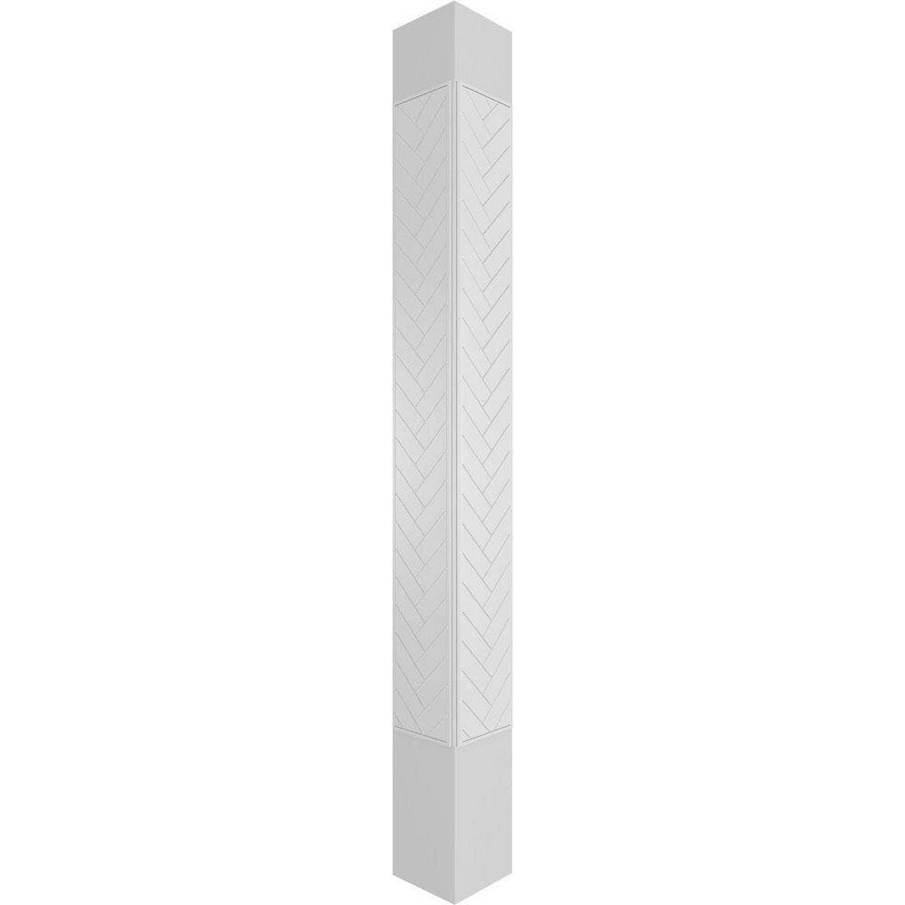 Ekena Millwork 11-5/8 in. x 8 ft. Premium Square Non-Tapered Herringbone Modern Fretwork PVC Column Wrap Kit w/Mission Capital and Base (3)