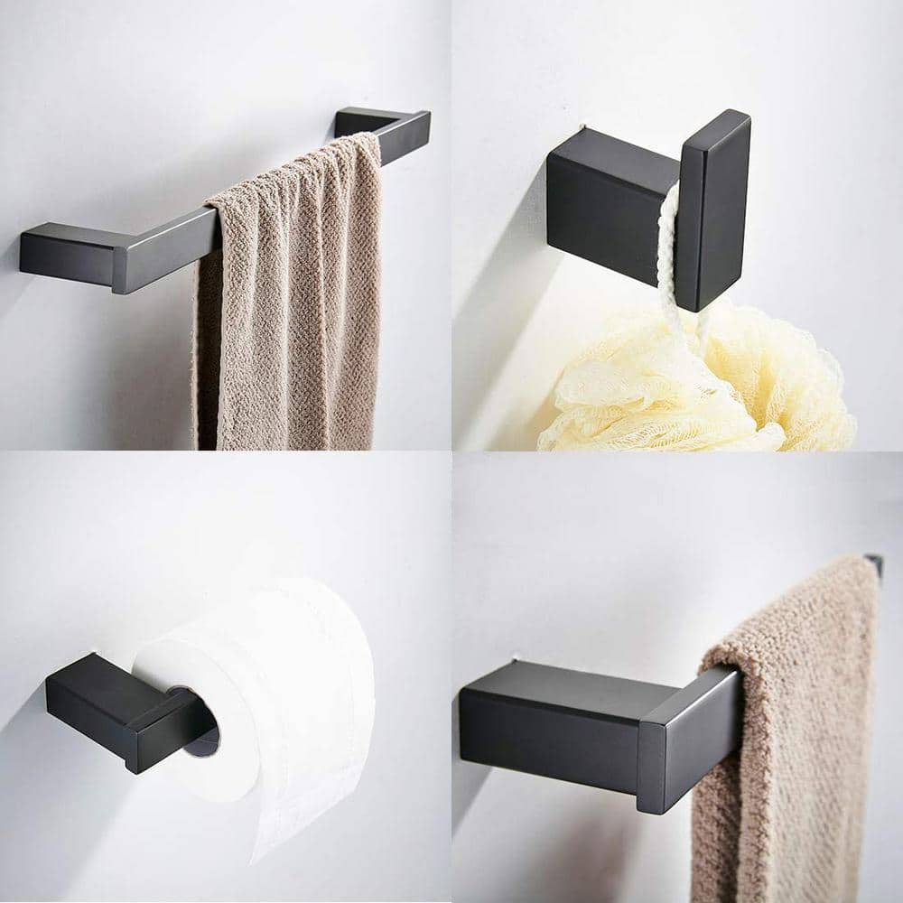 Unbranded 4-Piece Bath Hardware Set Included Hand Towel Holder, Toilet Paper Holder, Towel Bar/Rack, Towel/Robe Hook in Black (2)