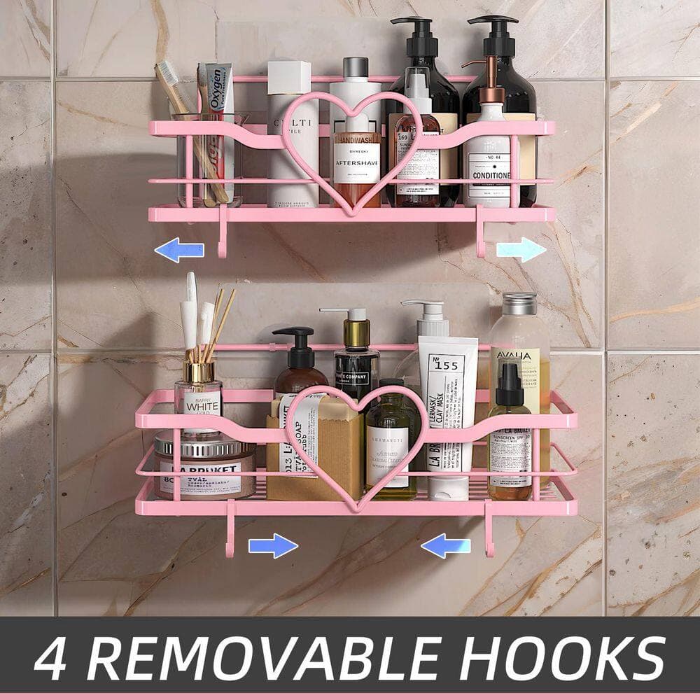 NVNOO 13 in. x 5 in. x 3 in. Sweet Heart Shower Shelves with 4 Removable Hooks for Bathroom Shower and Kitchen, Pink (2-Pack) (3)