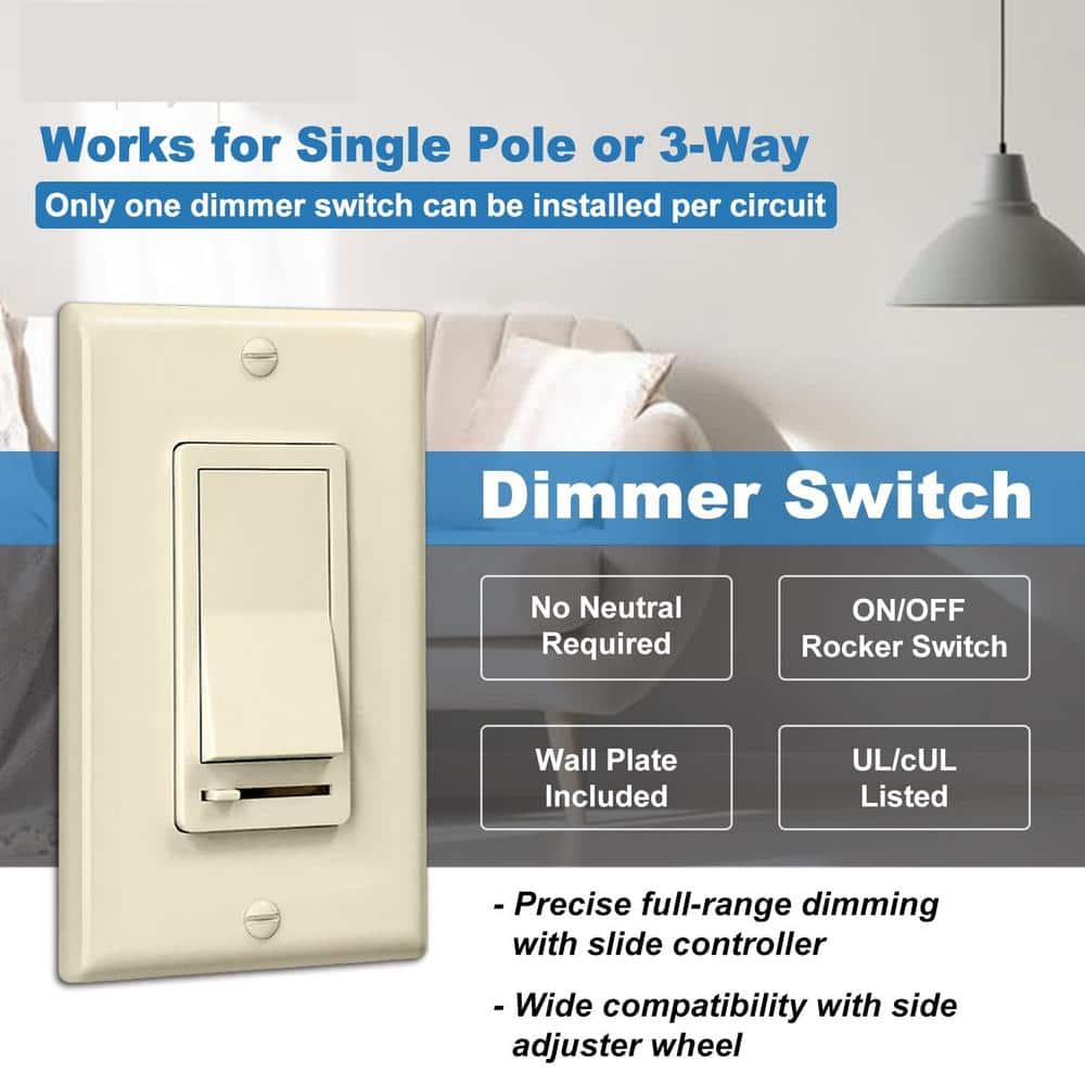 Lukyamzn Beige Rocker Dimmer Switch for Dimmable LED, Halogen and Incandescent Bulbs, Single-Pole or 3-Way (USP-LS02-6PK) 10-Pack (3)