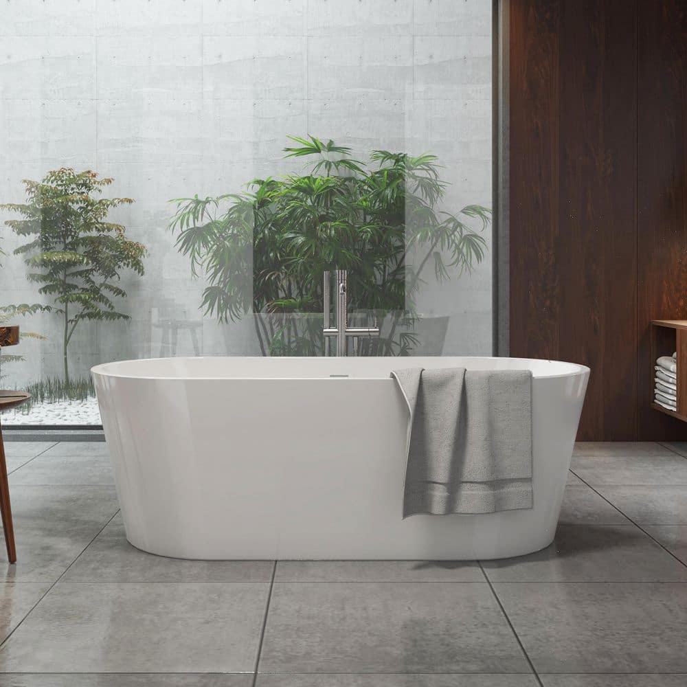 Unbranded 63 in. x 29.5 in. Glossy White Acrylic Freestanding Soaking Bathtub Stand Alone Tub in Chrome (2)