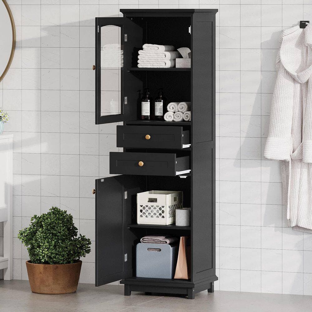 INSTER 18 in. W x 14 in. D x 63 in. H Black Freestanding Wood Tall Bathroom Storage Cabinet with 2-Doors and Adjustable Shelves (2)