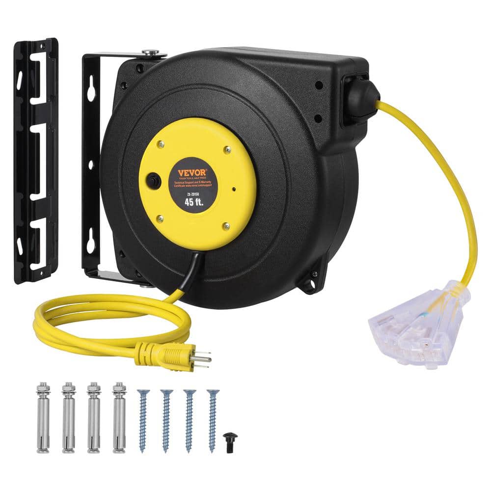 VEVOR 45 ft. 12/3 15Amp Retractable Extension Cord Reel Heavy Duty SJTOW Retractable Power Cord with Lighted Triple Tap Outlet (1)