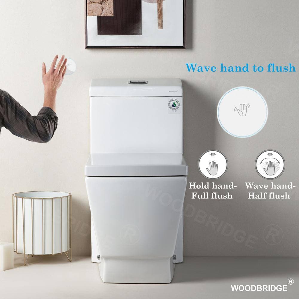 WOODBRIDGE TAOZI 1-piece 1.1 GPF/1.6 GPF High Efficiency Dual Flush Square Elongated Toilet in White with Soft Closed Seat Included (2)