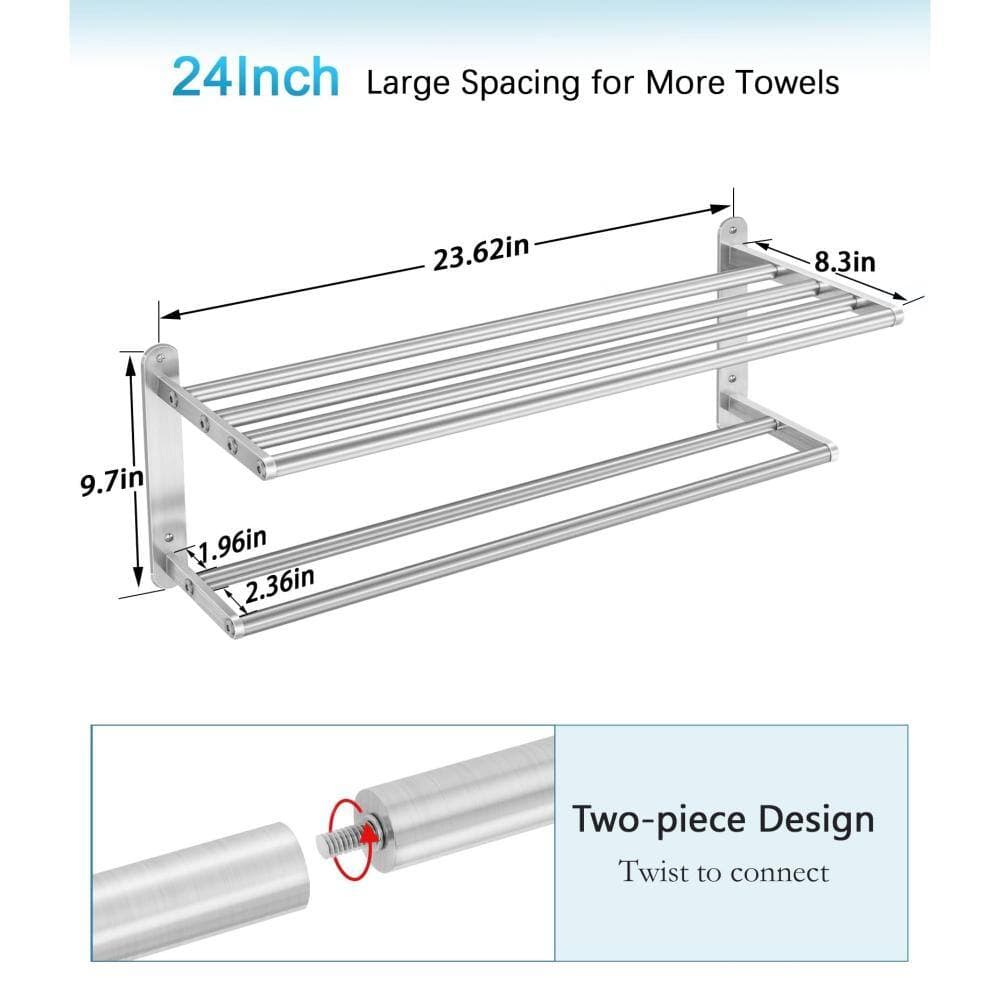 Whatseaso 23.62 in. W 9.7 in. H x 8.3 in. D  Bath Towel Shelf with Double Towel Bar Stainless Steel Towel Storage Shelf in Silver (3)