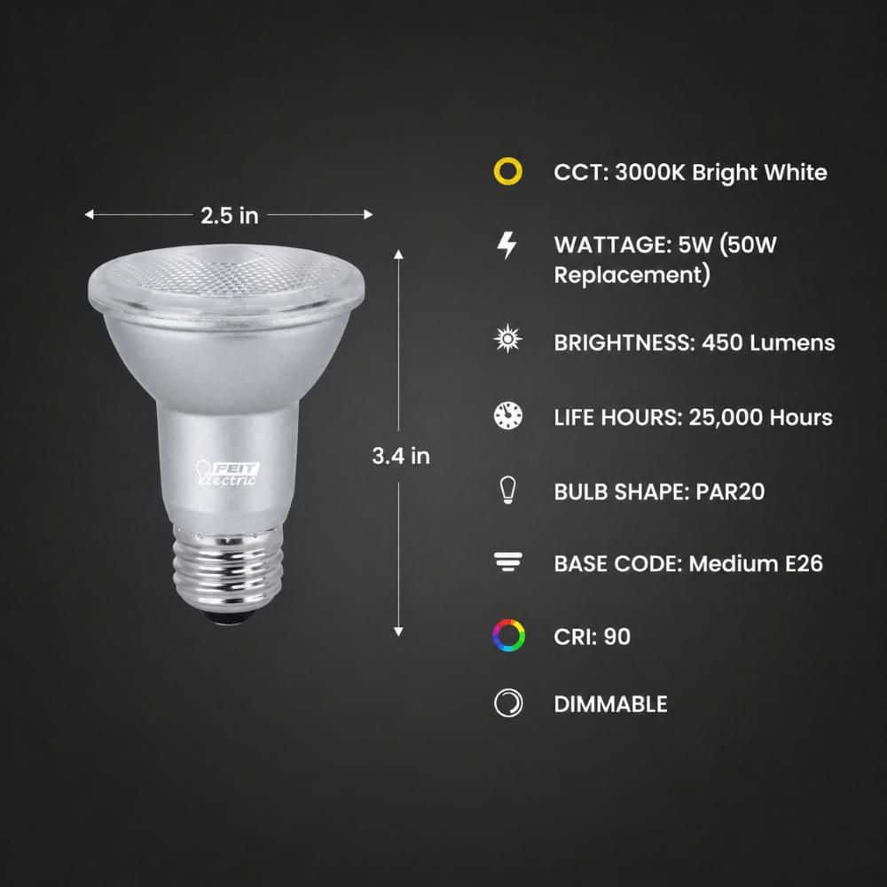 Feit Electric 50-Watt Equivalent PAR20 Dimmable CEC Title 20 90 CRI E26 Flood LED Light Bulb, Bright White 3000K (2-Pack) (3)