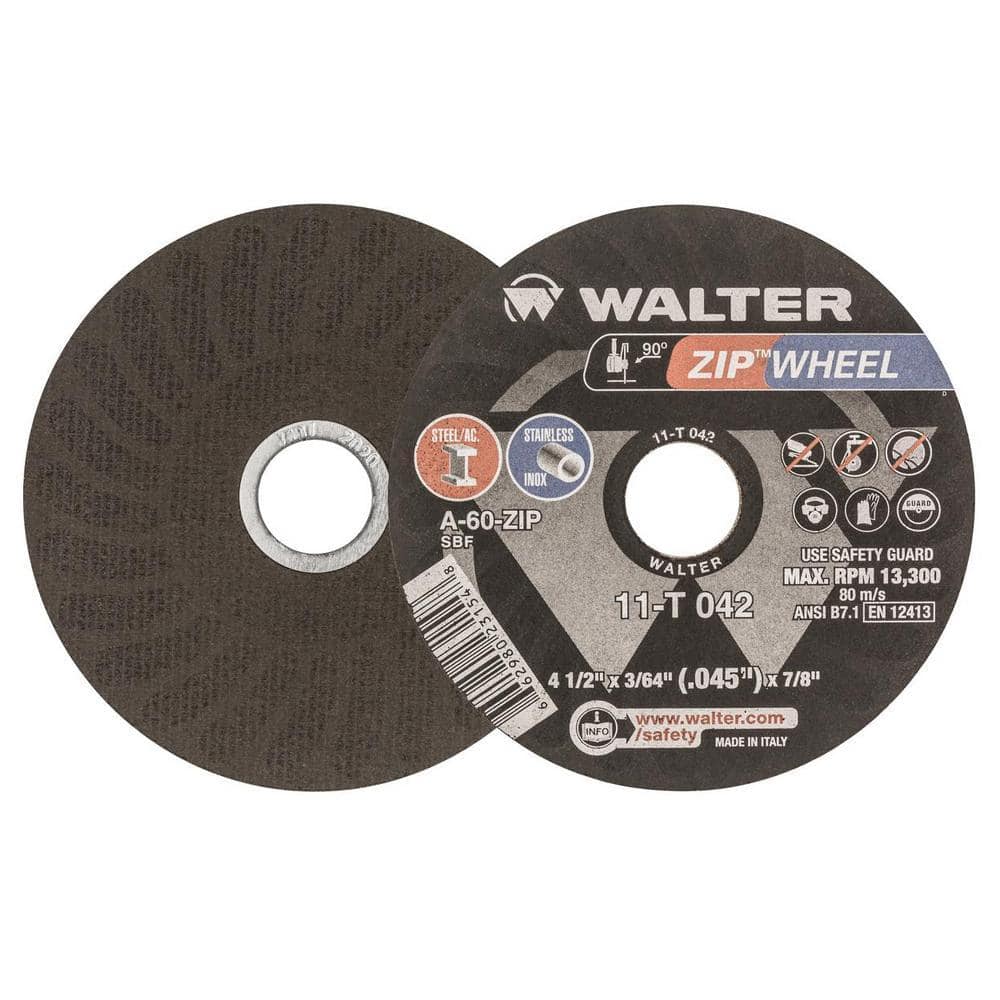 WALTER SURFACE TECHNOLOGIES Zip Wheel 4.5 in. x 7/8 in. Arbor x 3/64 in. GR 36/60, Highest Performing Cut-Off Wheel (25-Pack)